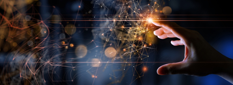 Photo illustration of a hand reaching out to a digital matrix.