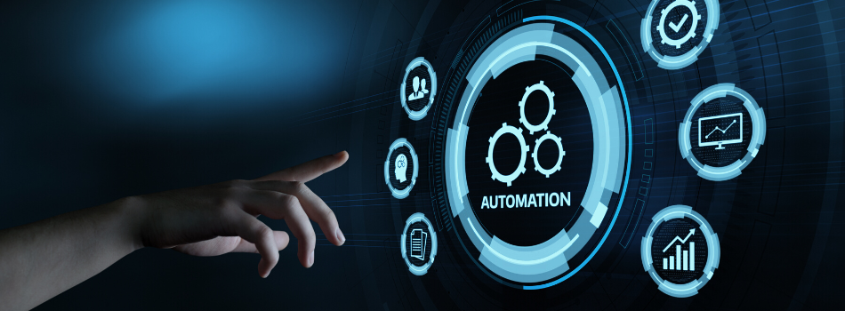 Graphic illustration of a hand reaching out to an automation button.